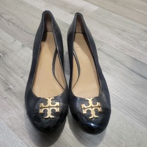 Tory Burch Black Leather Low Wedge Shoes